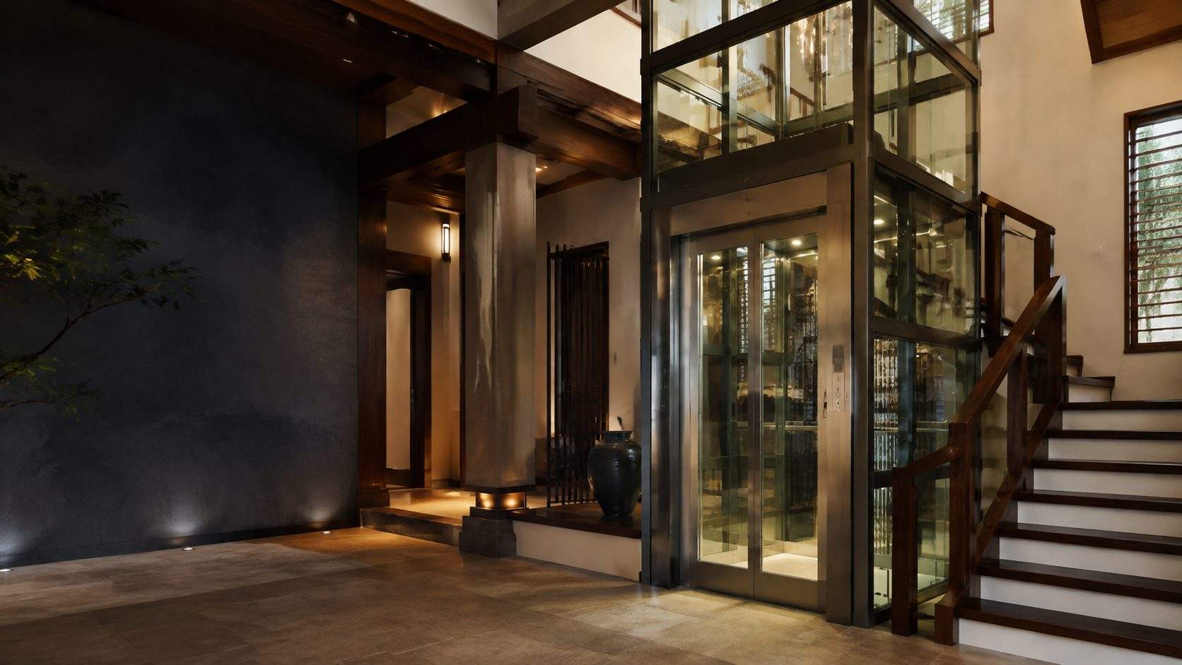 Elegant residential home elevator in a contemporary villa